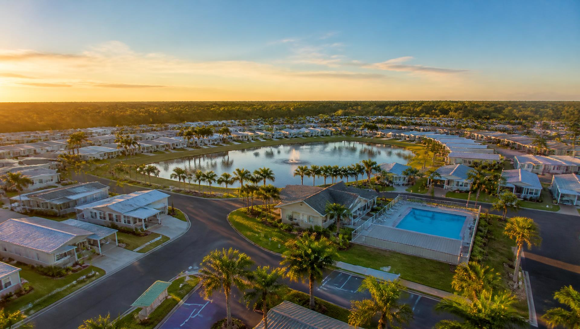 Aerial view of a Florida manufactured housing community at dusk